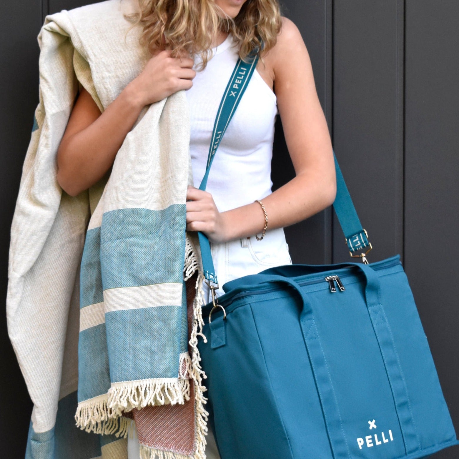 Chill Homie Crossbody -  Canvas Large Cooler Bag with Shoulder Strap in Dark Teal Blue