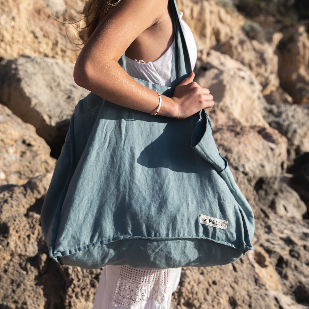 Sea Breeze Linen Tote Bag in Dusty Blue